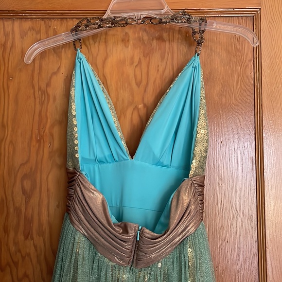 Long, gold sequin dress with teal overlay - Picture 4 of 7